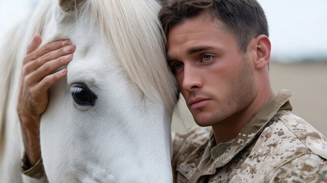 Young caucasian male soldier bonding with white horse in serene landscape