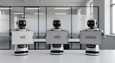 Robots Hiring Concept – Futuristic Recruitment Copy Space Poster, robot hiring, futuristic recruitment, AI hiring, recruitment poster, hiring concept, copy space design, robot workforce, digital hire
