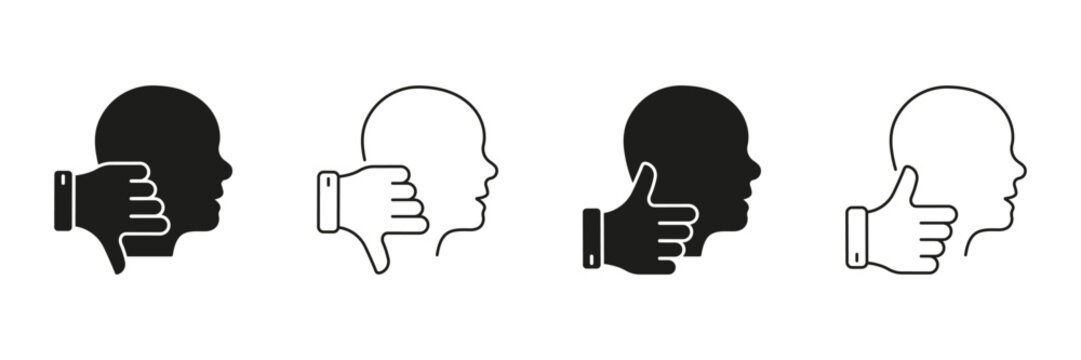 Head With Thumbs Up And Down Line And Solid Icon Set. Decision Making, Approval, And Disapproval Silhouette Symbol Collection. Feedback And Evaluation Concept. Isolated Vector Illustration