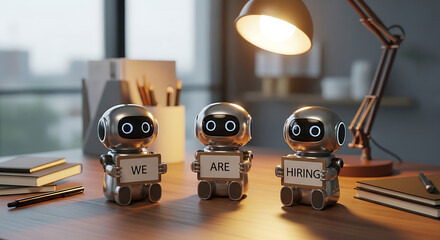 Robots Hiring Concept – Futuristic Recruitment Copy Space Poster, robot hiring, futuristic recruitment, AI hiring, recruitment poster, hiring concept, copy space design, robot workforce, digital hire
