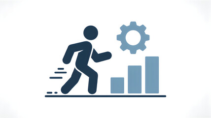 Man running up bar graph stairs with gear flat vector illustration for business growth and career success isolated on white background