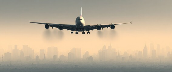A large jet is flying through a city with a hazy sky