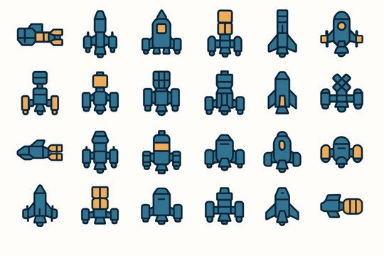 A set of 24 pixel art icons of spaceships in the style of 8-bit/16-bit video games (very retro gamer aesthetics).