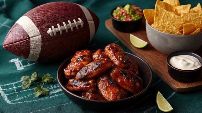 Game day food spread with barbecue chicken wings and an american football. Tailgate party snacks with chips, guacamole, and dip for watching sports