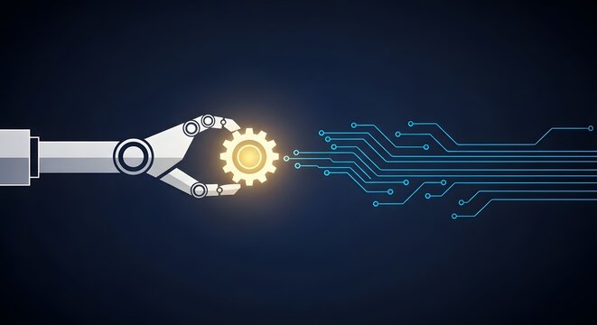Robotic arm holding gear connecting to digital circuit board design