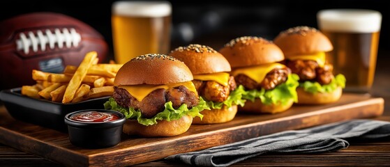 Sliders with cheese and french fries served with beer. Game day party food with an American football in the background