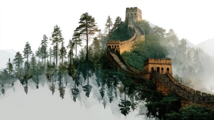 A mountain with a forest and a wall in the background