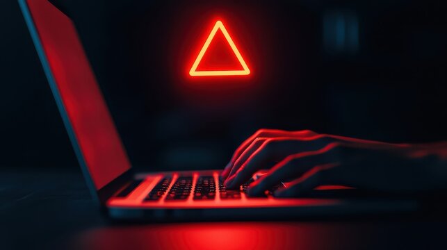 A dimly lit scene featuring a hand typing on a laptop, illuminated by a red triangle symbol hovering above.