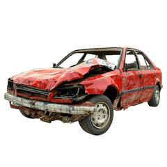 A red car is depicted in a state of disrepair, with noticeable dents and a scratched surface, isolated on transparent background