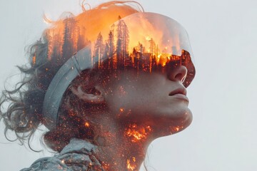 A woman's face is shown in a distorted way, with a fire in the background