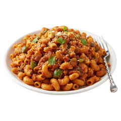 Masala Macaroni Desi Pasta with Vegetables and Spices on White Plate isolated on a transparent background 