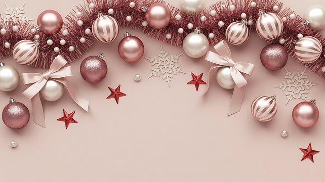 Christmas composition with pink ornaments, stars and snowflakes on pink background
