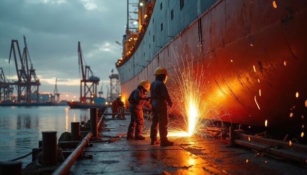 Dockyard workers weld ship hull section. Shipbuilders use protective gear on platform at dusk. Sparks fly during metal fabrication. Sea dock cranes rise in background. Skilled labor builds vessel.