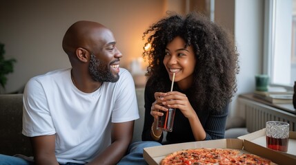 Happy young african american couple eating pizza at home. Smiling man and woman relaxing on the couch sharing a meal