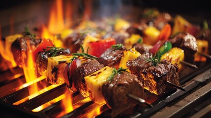 Assorted barbecue skewers with juicy meat and fresh vegetables grilling over open flames, capturing smoky aromas and sizzling textures perfect for outdoor bbq, summer cookout, and grilling enthusiasts