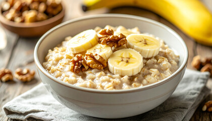 Healthy breakfast bowl, oatmeal with bananas and walnuts, tasty meal.