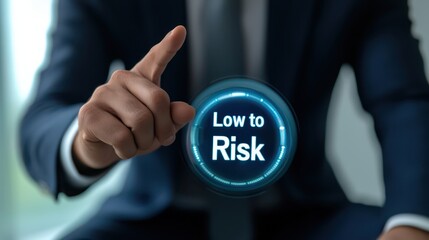 A business professional interacts with a digital display showing "Low to Risk," indicating a positive assessment of a decision or investment.