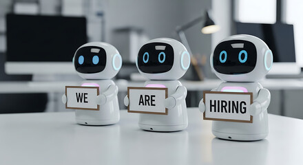 Robots Hiring Concept – Futuristic Recruitment Copy Space Poster, robot hiring, futuristic recruitment, AI hiring, recruitment poster, hiring concept, copy space design, robot workforce, digital hire
