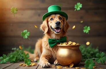 Festive golden retriever with st patrick day hat, bow tie lies near gold pot with shamrocks. Smiling dog celebrates irish holiday in green costume on wood background. Fun comical cheerful pet smiles.