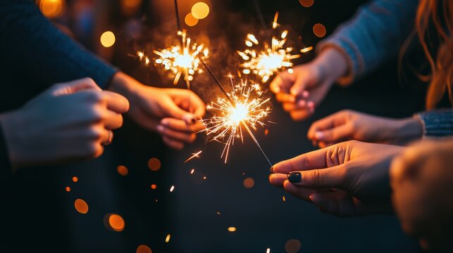 An engagement party with the couple holding hands, surrounded by friends holding sparklers
