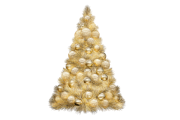 elegant golden Christmas tree with metallic ornaments, isolated on transparent background, luxury design, perfect cut-out, professional product photography look, png style