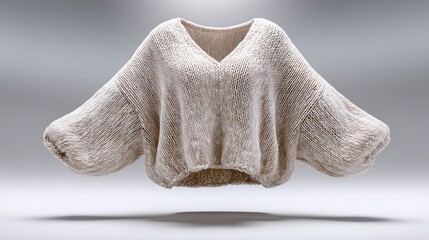 Soft natural knitted sweater floating against a minimalistic gray background