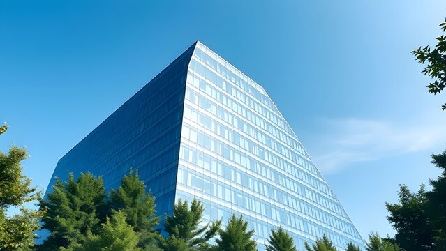 Modern architectural marvel with a unique curved glass facade reflecting the clear blue sky and surrounded by lush green trees