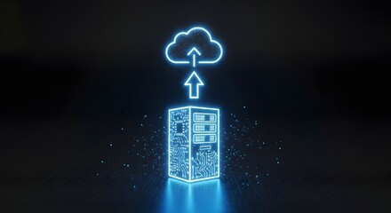 Cloud computing server with data upload and download in neon style