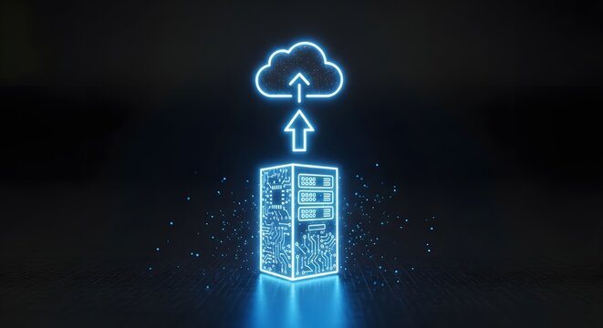 Cloud computing server with data upload and download in neon style