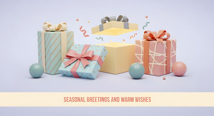 3D Rendered Pastel Gifts Boxes Seasonal Greetings and Warm Wishes Banner Background Minimal Cute Holiday Illustration