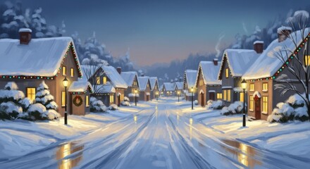 Cozy Village Snowfall Christmas Evening Lights