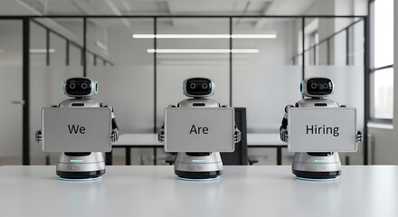 Robots Hiring Concept – Futuristic Recruitment Copy Space Poster, robot hiring, futuristic recruitment, AI hiring, recruitment poster, hiring concept, copy space design, robot workforce, digital hire
