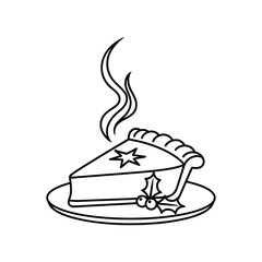 Slice of pie with steam and holly decoration dessert