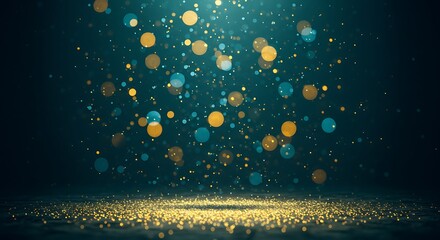 Abstract background with glowing bokeh lights and glitter particles falling from above, creating a magical and festive atmosphere