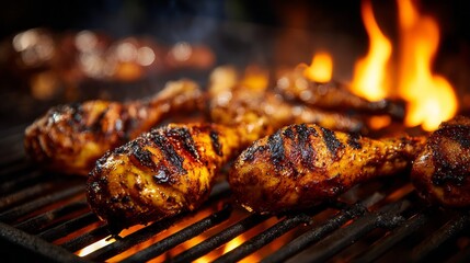 Grilled chicken drumsticks on outdoor bbq grill with flames and rising smoke creating a hot smoky barbecue atmosphere for summer cooking and delicious fire-grilled food scenes