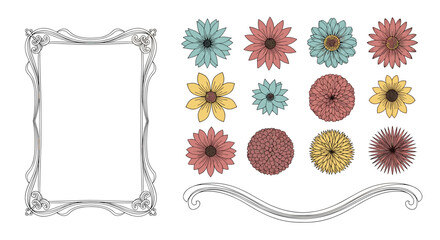 Vintage decorative frame with an assortment of colorful, hand-drawn flowers and ornate flourish elements.