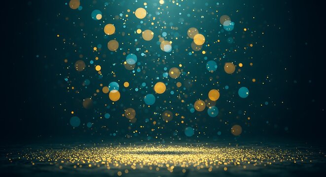 Abstract background with glowing bokeh lights and glitter particles falling from above, creating a magical and festive atmosphere