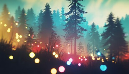 Mystical forest with colorful lights and trees creating a magical winter wonderland scene
