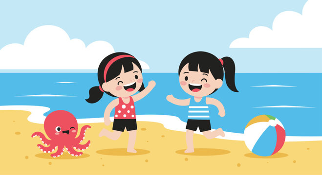 Two cartoon girls and an octopus play on a sandy beach by the ocean under a blue sky with clouds.