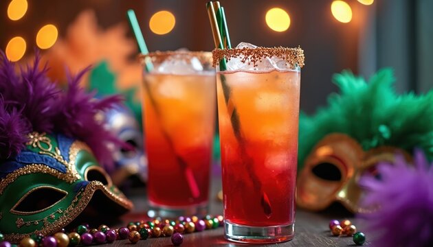 Mardi Gras party still life with colorful cocktails on table. Festive celebration scene with carnival masks, beads, masquerade decorations for holiday night event. Fun vibrant atmosphere with drinks,