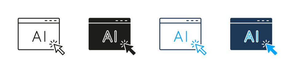 AI Browser Window With Cursor Line and Solid Icon Set. Artificial Intelligence Interface Click Symbol Collection. Isolated Vector Illustration
