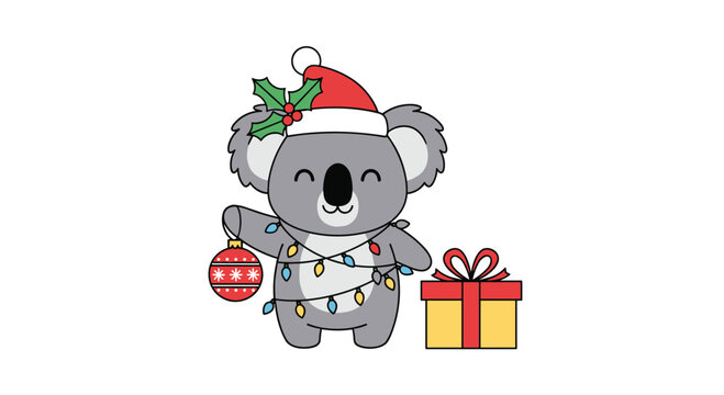 Cute cartoon koala wearing a Santa hat and Christmas lights holds an ornament next to a gift.