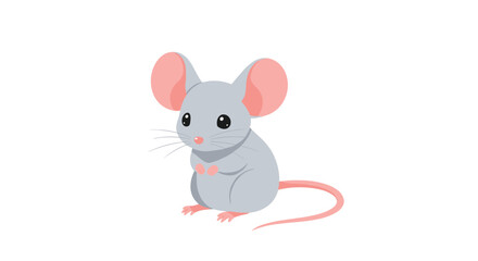 Cute cartoon gray mouse with pink ears and tail sitting on a white background.