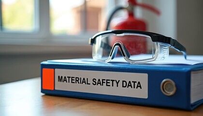 Blue binder labeled Material Safety Data sits on desk with clear safety goggles. Fire extinguisher in background. Workplace hazard awareness and compliance.
