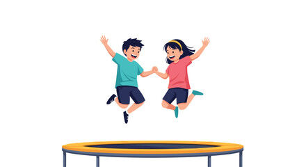 Joyful children holding hands while jumping high on a trampoline together.