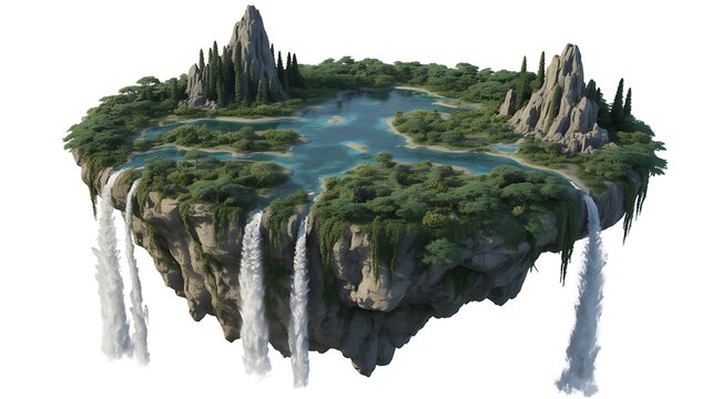 Floating paradise island with majestic waterfalls and a serene lake - Powered by Adobe