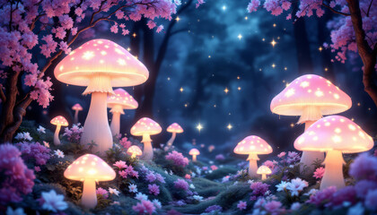 Enchanted forest clearing with glowing mushrooms and cherry blossoms under starlit night.