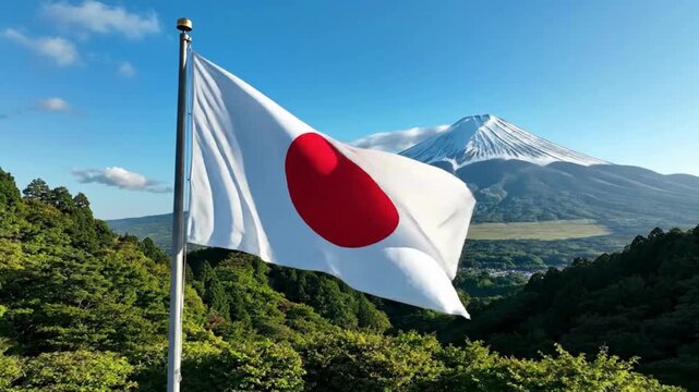 Dynamic Japanese flag waving proudly against the majestic Mount Fuji backdrop, perfect for showcasing travel and culture