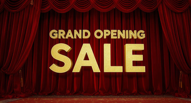 Grand Opening Sale: Luxurious red velvet curtains frame bold gold lettering announcing a special sale event.