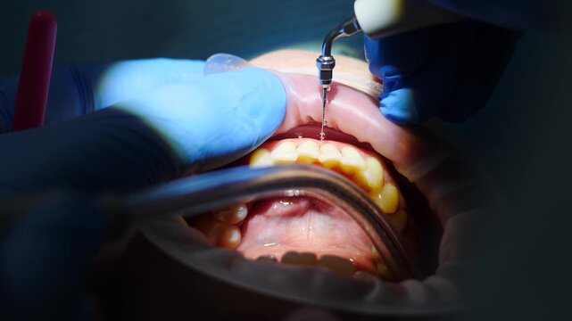 Dentist performs hygienic cleaning teeth in dentistry for patient. Real footage of professional dentist cleaning teeth from plaque and calculus with electric tool using strong jet of water close-up
